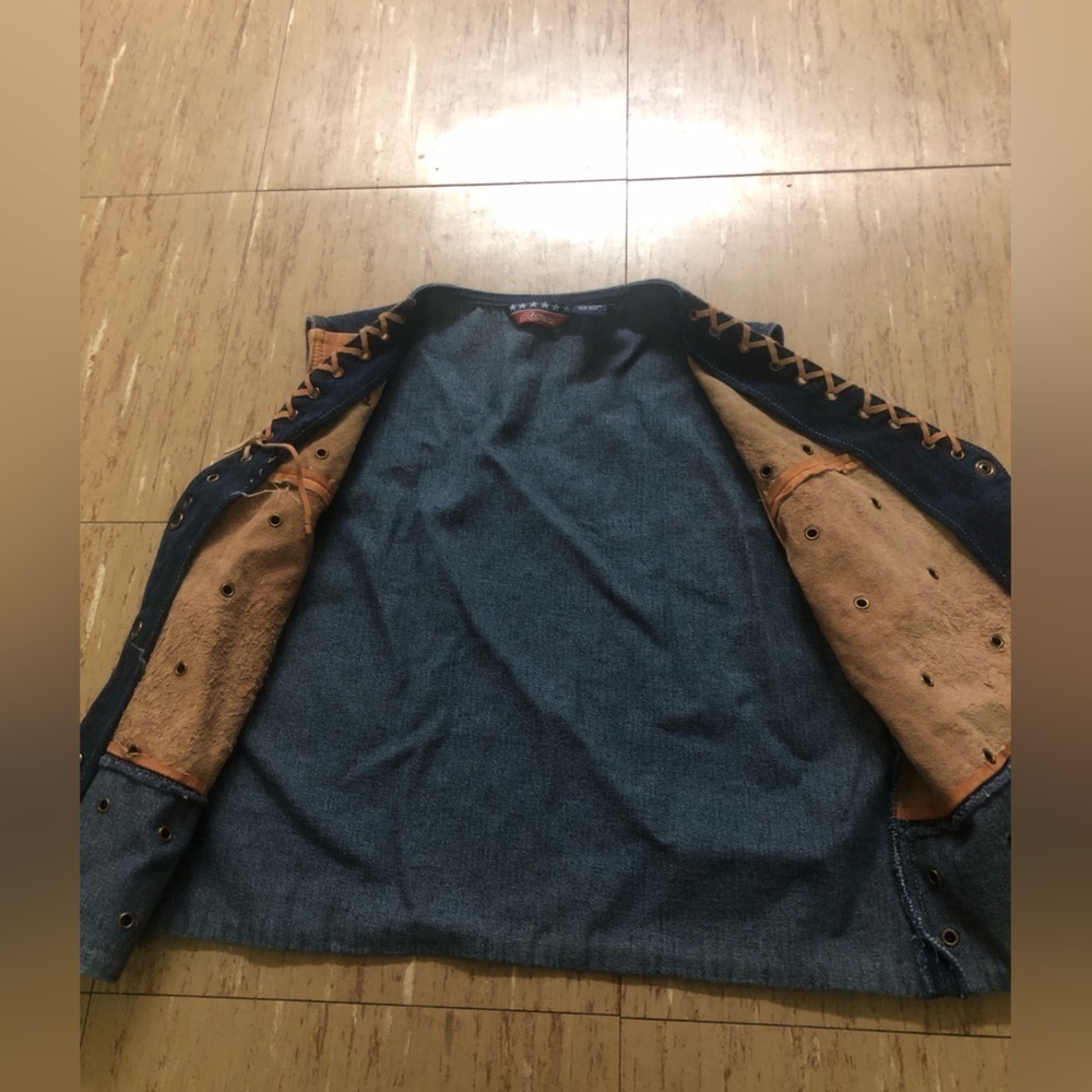 Vintage Y2K leather and denim vest Medium Button Down with rivets Orange *Flaw** - Picture 5 of 7